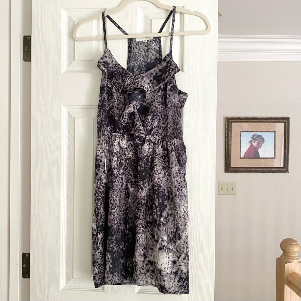Lush Satin Animal Leopard Purple Silver Racer Spaghetti Ruffle Cocktail Dress
